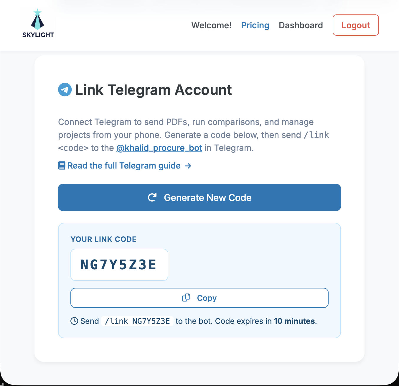 Settings page showing the Link Telegram Account card with a generated code and Copy button