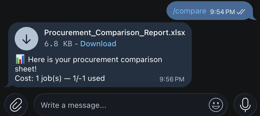 Telegram chat showing /compare command and the bot replying with the Excel comparison report