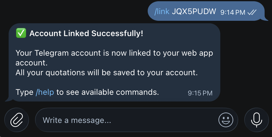 Telegram chat showing /link command and the bot's Account Linked Successfully reply