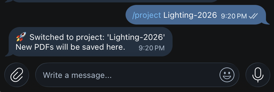 Telegram chat showing /project Lighting-2026 command and the bot's confirmation reply